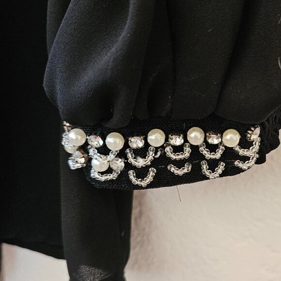 NY COLLECTION Women's Size M Black Blouse Pearls Rhinestone Cuffs Long Sleeves - Picture 7 of 7